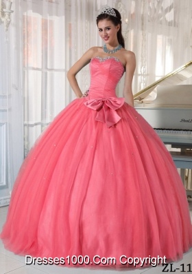 2014 Exclusive Watermelon Puffy Sweetheart Quinceanera Dress with Beading and Bowknot