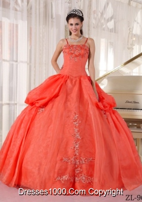 2014 Lovely Rust Red Puffy Spaghetti Straps Appliques Quinceanera Dress with Pick-ups