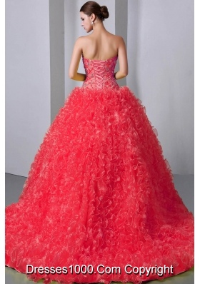 2014 New Style Watermelon Princess Sweetheart Brush Train Beading and Ruffles Quinceanea Dress