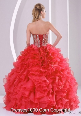 2014 Ruffles Puffy Sweetheart Beaded Decorate Quinceanera Dresses in Coral Red