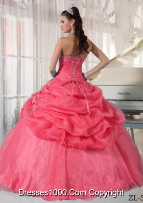 2014 Watermelon Ball Gown Strapless Appliques Quinceanera Dress with Pick-ups