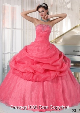 2014 Watermelon Ball Gown Strapless Appliques Quinceanera Dress with Pick-ups