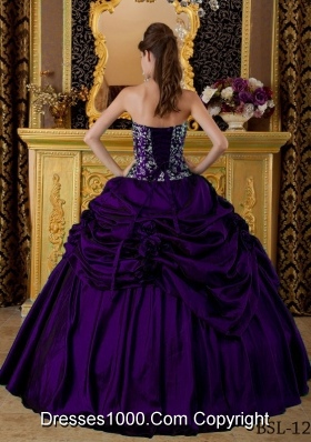 Dark Purple Puffy Sweetheart Embroidery Quinceanera Dresses with Pick-ups