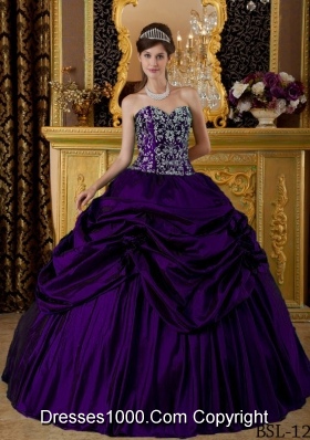 Dark Purple Puffy Sweetheart Embroidery Quinceanera Dresses with Pick-ups