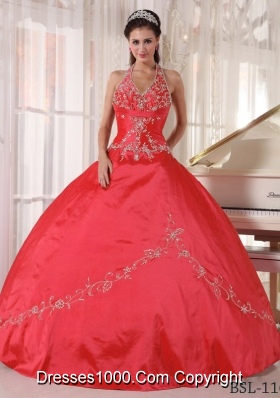 Exquisite Red Puffy Halter Appliques for 2014 Quinceanera Dress with Beading