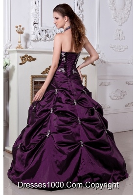 Gorgeous Eggplant Purple Princess Halter Embriodery Quinceanera Gowns with Pick-ups