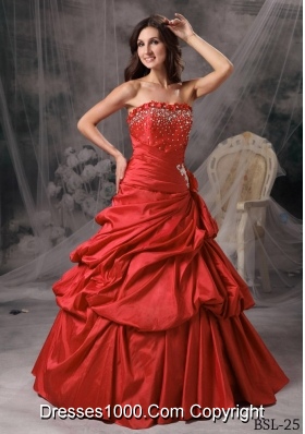 Princess Strapless Beading for 2014 Quinceanera Dress with Pick-ups and Hand Made Flowers