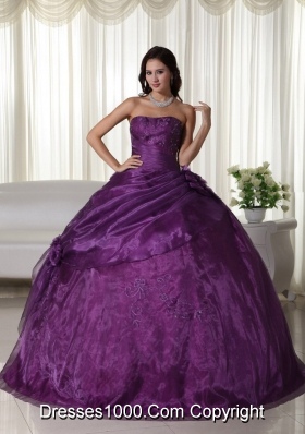 Purple Puffy Strapless 2014 Beading Quinceanera Dresses with Hand Made Flowers