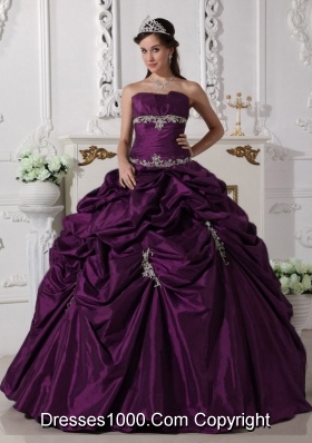Simple Puffy Strapless Appliques 2014 Quinceanera Dresses with Pick-ups