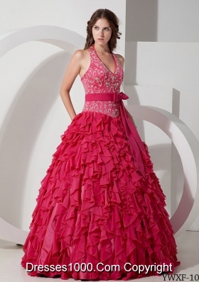 Sweet Ball Gown Halter Embroidery for 2014 Quinceanera Dress with Ruffles