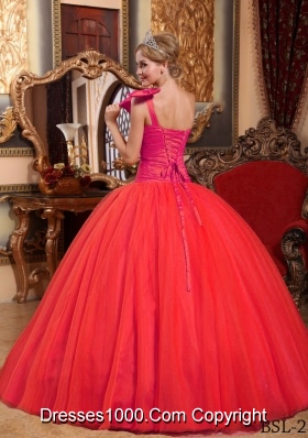 2014 Brand New Coral Red Puffy One Shoulder Beading Quinceanera Dress with Bow