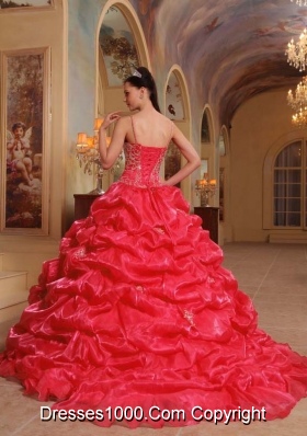 2014 Coral Red Puffy Spaghetti Straps Embroidery Quinceanera Dress with Pick-ups