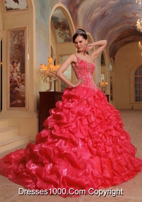 2014 Coral Red Puffy Spaghetti Straps Embroidery Quinceanera Dress with Pick-ups