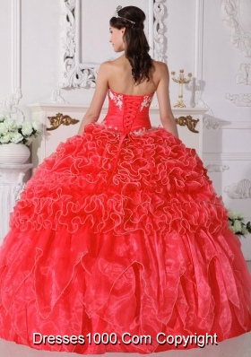 2014 Coral Red Puffy Strapless Embroidery Quinceanera Dress with Beading