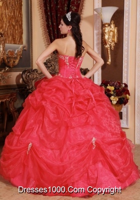 2014 Coral Red Puffy Sweetheart Beading Quinceanera Dress with Pick-ups