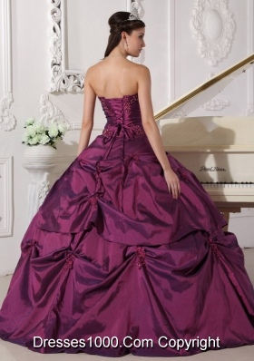 2014 Dark Purple Puffy Sweetheart Appilques Quinceanera Dress with Pick-ups