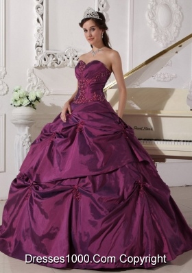 2014 Dark Purple Puffy Sweetheart Appilques Quinceanera Dress with Pick-ups