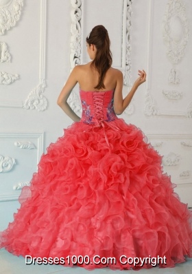 2014 Exquisite Puffy Strapless Embroidery Red Quinceanera Dress with Ruffles