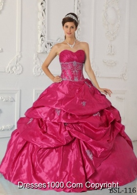 2014 Gorgeous Coral Red Puffy Sweetheart Appliques Quinceanera Dress with Pick-ups