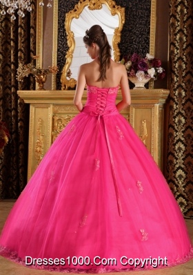 2014 Hot Pink Puffy Halter Appliques Tulle Quinceanera Dress with Beading