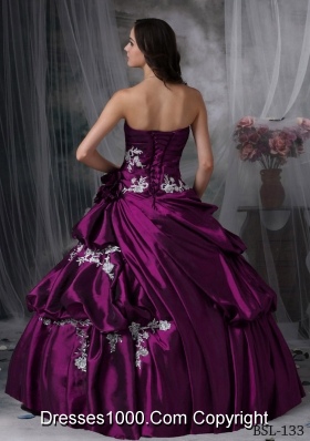 2014 New Style Puffy Strapless Appliques Quinceanera Dresses with Hand Made Flower