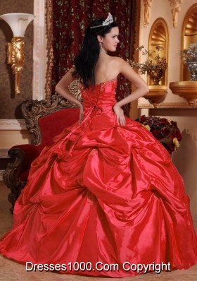 2014 Petty Coral Red Puffy Strapless Beading Quinceanera Dress with Pick-ups