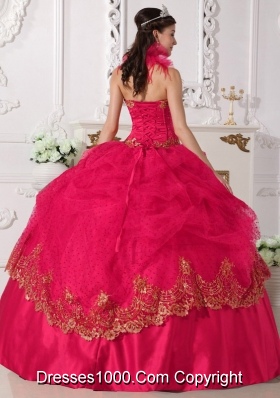 2014 Popular Coral Red Puffy Halter Beading and Appliques Quinceanera Dress