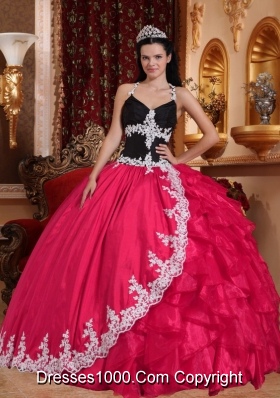 2014 Pretty Coral Red Puffy Lace Quinceanera Dress V-neck with Appliques