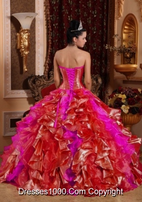 2014 Puffy Strapless Ruffles and Embroidery Red Sweet Sixteen Dress with Ruffles