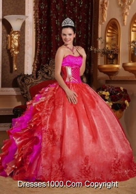 2014 Puffy Strapless Ruffles and Embroidery Red Sweet Sixteen Dress with Ruffles