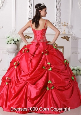 2014 Red Puffy Spaghetti Straps Beading Quinceanera Dress with Hand Made Flowers