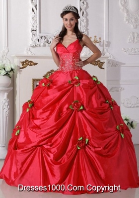 2014 Red Puffy Spaghetti Straps Beading Quinceanera Dress with Hand Made Flowers