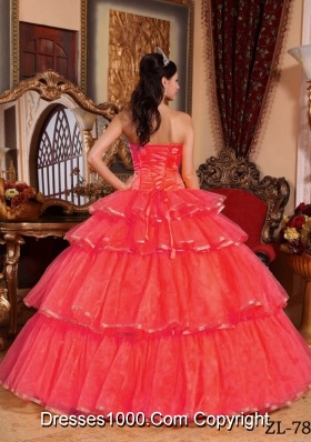 2014 Romantic Coral Red Puffy Strapless Appliques Quinceanera Dress with Ruffled Layers