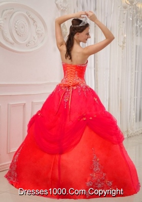 Coral Red Ball Gown Strapless Appliques Quinceanera Dress with Beading