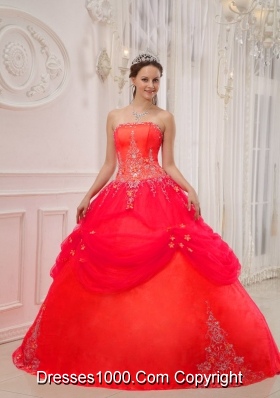 Coral Red Ball Gown Strapless Appliques Quinceanera Dress with Beading