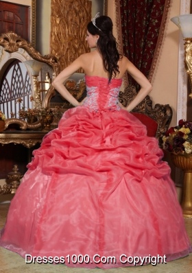 Coral Red Puffy Strapless Appliques for 2014 Quinceanera Dress with Beading