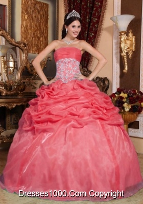 Coral Red Puffy Strapless Appliques for 2014 Quinceanera Dress with Beading