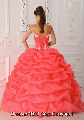 Cute Custom Made Coral Red Sweetheart Ruffles and Embroidery For Quinceanera Wear In 2014