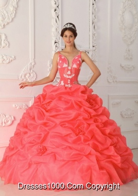 Cute Custom Made Coral Red Sweetheart Ruffles and Embroidery For Quinceanera Wear In 2014