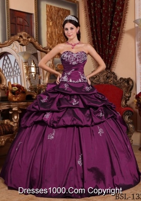 Lovely Fuchsia Puffy Sweetheart Appliques Quinceanera Dresses with Pick-ups