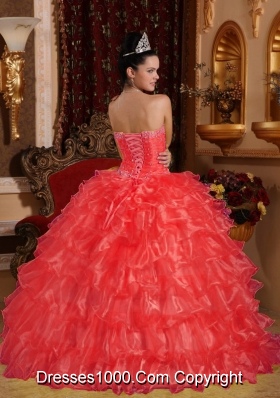 New Style Coral Red Puffy Strapless for 2014 Beading Quinceanera Dress with Ruffles