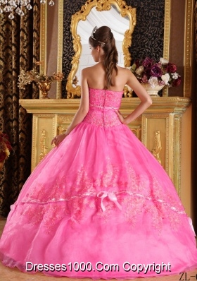 New Style Strapless Appliques Organza Rose Pink Quinceanera Gowns