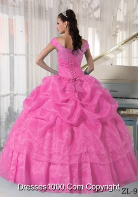 Off The Shoulder Organza Rose Pink Quinceanera Dress with Beading