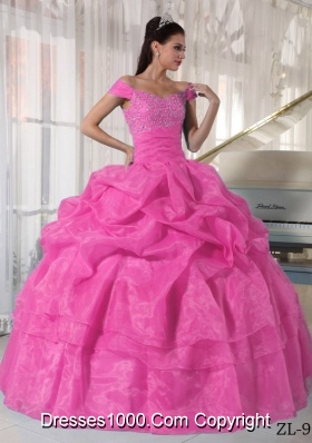 Off The Shoulder Organza Rose Pink Quinceanera Dress with Beading