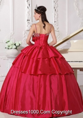 Petty Coral Red Puffy Straps Beading for 2014 Quinceanera Dress with Beading and Hand Made Flower