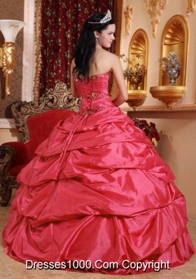 Popular Coral Red Puffy Sweetheart Appliques for 2014 Quinceanera Dress with Pick-ups