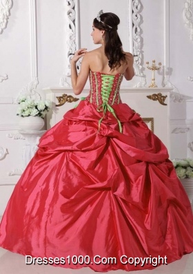 Pretty Red Puffy Strapless Beading and Hand Made Flowers for 2014 Quinceanera Dress with Pick-ups