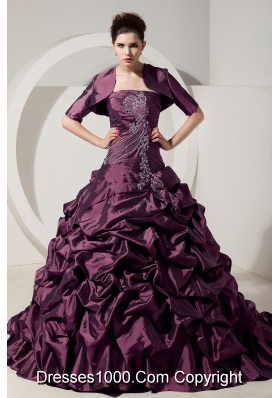 Purple Princess Strapless Brush Train Quinceanera Dresses with Beading and Pick-ups