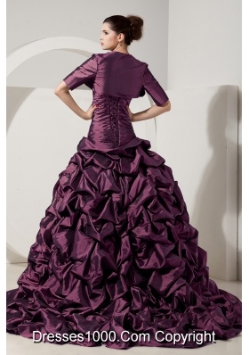 Purple Princess Strapless Brush Train Quinceanera Dresses with Beading and Pick-ups