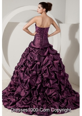 Purple Princess Strapless Brush Train Quinceanera Dresses with Beading and Pick-ups